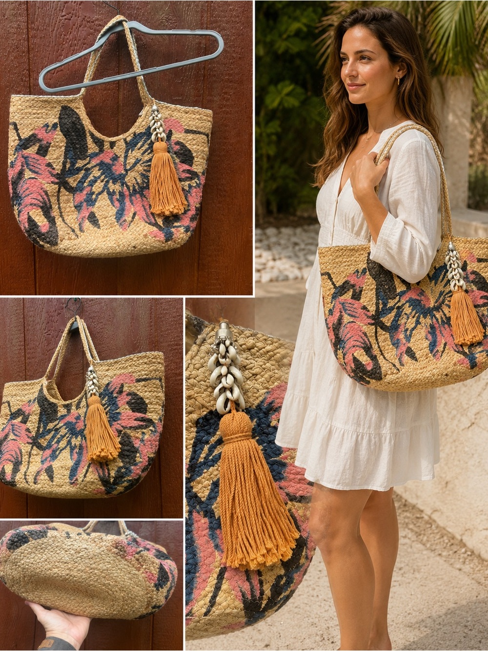 Antik Kraft Mehar Jute Tote Floral Print Straw Shoulder Bag Boho Beach Market